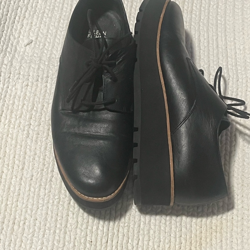 Eileen Fisher Black Leather Oxford Platform Shoes Size 9.5 Lace Up - Picture 3 of 6